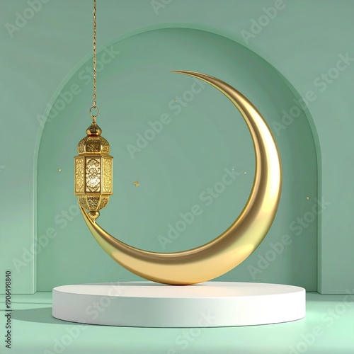 Golden Moon Lantern: An elegant golden lantern gracefully hangs, complemented by a lustrous crescent moon, both poised on a pristine platform against a soft, serene backdrop.