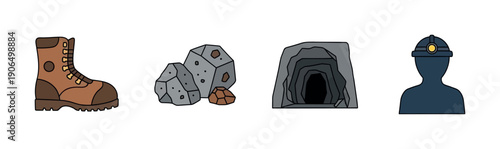 Essential items for mining operations including safety boot, raw ore, dark mine entrance, and a miners profile with headlamp, ideal for educational resources and industry safety