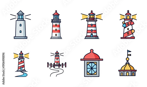 Collection of diverse maritime navigation aid structures guiding ships safely through ocean waters symbolizing safety and direction for web graphics, app interfaces, and educational