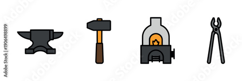 Blacksmith workshop tools and equipment including an anvil, hammer, hot forge, and tongs for forging metalwork, suitable for craft industry publications