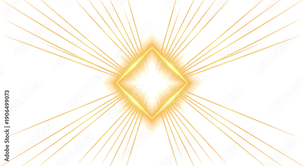 Obraz premium Golden radiant diamond shape with glowing light rays isolated on transparent background