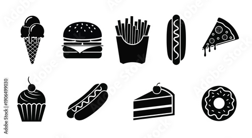Black and white icons depicting various fast food and dessert items