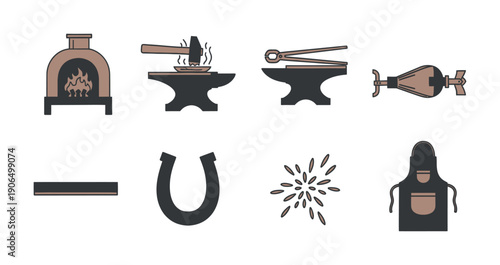 Blacksmith workshop equipment icons featuring a forge, hammer, anvil, tongs, and horseshoe for industrial crafts and trade publications
