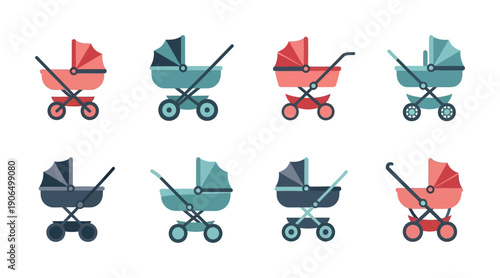 Collection of colorful baby stroller icons for maternity health care, parental advice, childcare, and childrens product advertising.