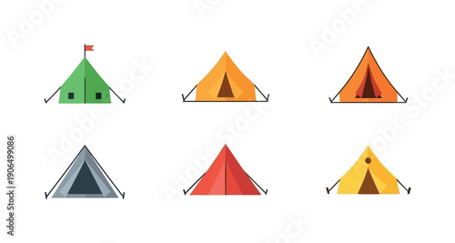 Collection of colorful stylized camping tents perfect for outdoor adventure graphics and travel vacation designs or holiday season promotional material