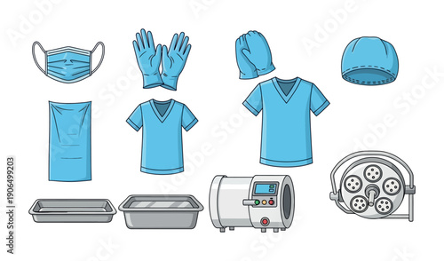 Collection of essential medical and surgical equipment including face mask gloves scrubs cap sterilizer machine and operating room lamp perfect for healthcare and hospital safety related