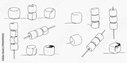 Continuous line drawing of marshmallows, individual and on skewers, representing sweet treats and desserts.