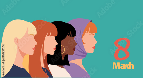 International Women's Day vector illustration with diverse women profiles and 8 March text on teal background
