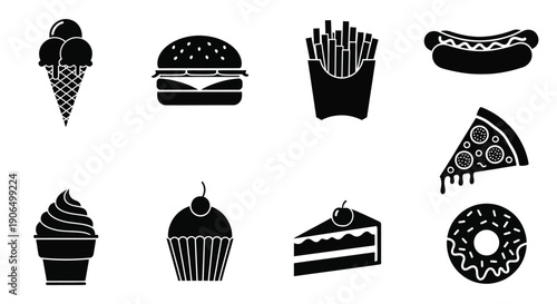Black and white silhouette icons of various fast foods and desserts