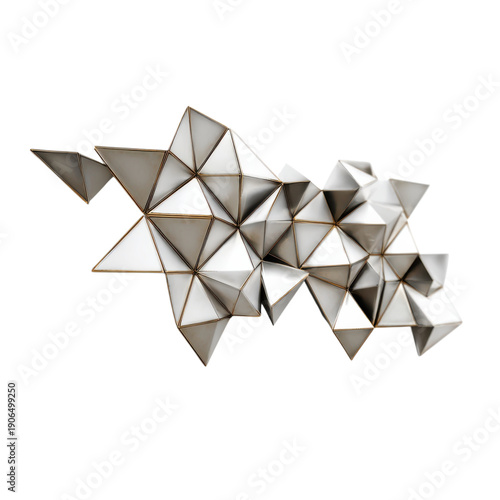 An abstract geometric sculpture made of interlocking white triangles