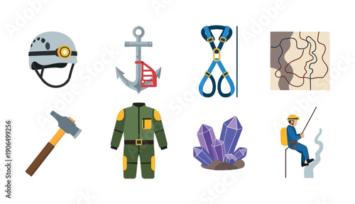 Safety helmet, climbing harness, rock hammer, miner uniform, amethyst crystals, geological map, and rappelling person, used for geological exploration and outdoor adventure.