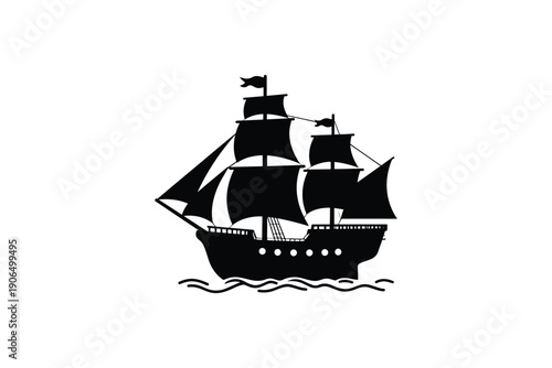 Sailboat silhouette on white background, black frigate sailing ship in flat design style isolated on white