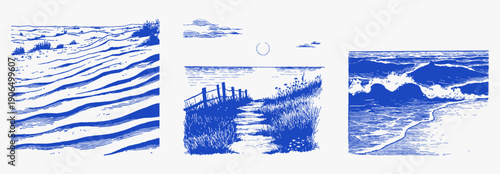 Beach dunes grass path wooden fence waves. Hand drawn coastal textures and flowing shoreline in bold blue ink sketch. Illustration for backgrounds, prints or travel themes.