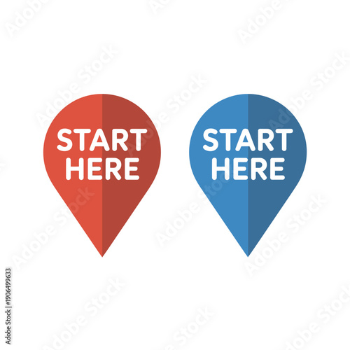 Red and blue start here location pin icons on white background