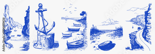 Anchor boats rocky cove cliffs calm sea. Hand drawn nautical scene with harbor details and coastal rocks in vintage blue ink sketch. Illustration for marine prints or travel posters.