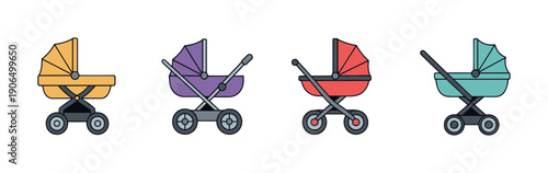 Vibrant collection of contemporary baby strollers and infant carriages, suitable for promoting childcare products, maternity services, and family lifestyle content.