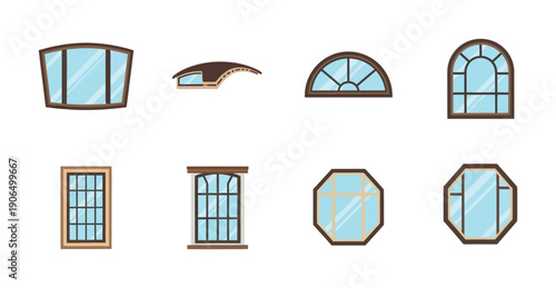 Collection of diverse window frames and architectural glass designs showcasing various shapes and styles ideal for home construction, renovation, and property development presentations
