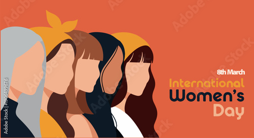 International Women's Day vector banner with diverse women profiles, orange background, 8th March celebration illustration