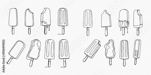 Set of hand-drawn ice cream popsicles, whole and bitten, with dripping effects, in a sketch style on a transparent background.