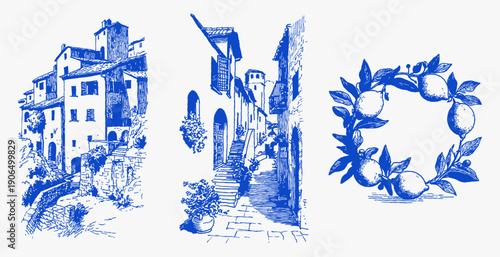 Italian village houses alley stairs lemon wreath. Hand drawn mediterranean summer scenes with stone streets, old architecture and citrus frame. Vintage travel illustration set.