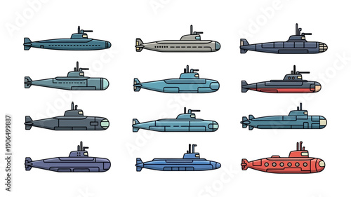 A comprehensive collection of diverse submarine designs showcasing different models and colors suitable for educational purposes military vehicle identification or naval warfare themed
