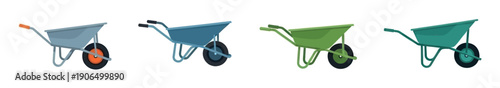 A versatile collection of sturdy wheelbarrows in different colors and designs, ideal for various heavyduty hauling tasks, gardening, construction, and landscaping applications.