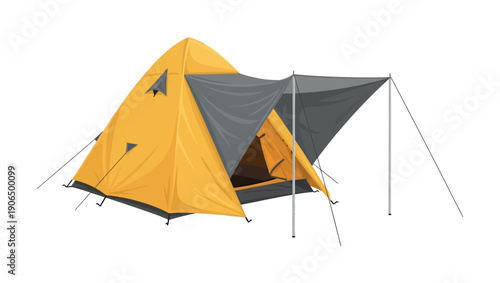 Modern yellow camping tent with a gray extended tarp provides shelter for outdoor adventures and nature exploration, perfect for travel or expedition promotions.