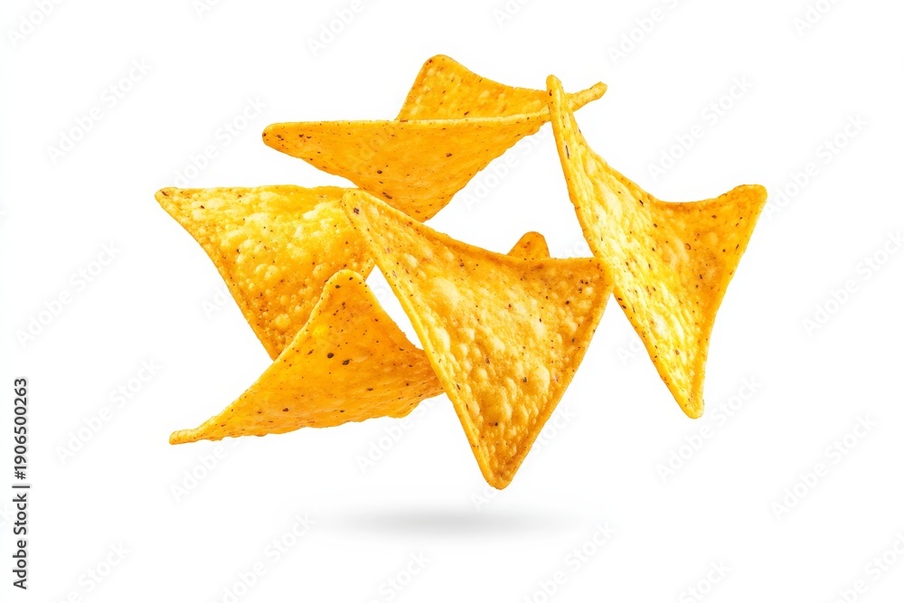Fototapeta premium Flying nacho chips in mid-air against a white background showcasing snack movement and fun moments during party time