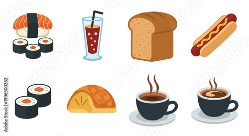 Assorted food items including sushi bread hotdog and beverages displayed