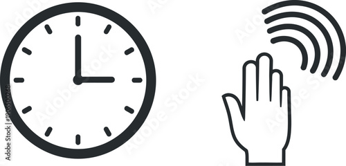 A hand is waving near a clock face indicating time and gesture in a simple graphic illustration