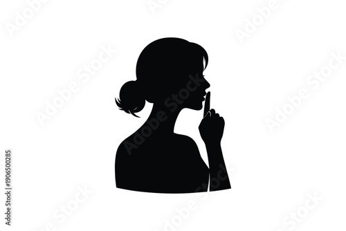 Woman silhouette with finger on lips asking for silence quiet gesture isolated on white background secret concept