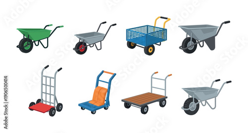 Collection of various utility carts, hand trucks, and wheelbarrows designed for convenient manual transportation, ideal for industrial, gardening, construction, and moving applications.