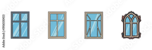 Diverse window frames and glass panel styles for architectural projects and building visualization, perfect for home renovation or interior decor concepts