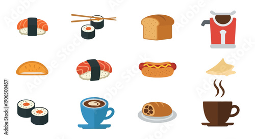 Assorted food icons including sushi bread hotdog and coffee