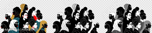 Diverse crowd vector illustration with multi-ethnic people silhouettes, global community, social diversity concept, isolated on white