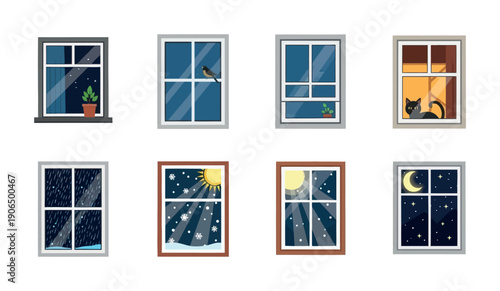 Collection of diverse window views showcasing various weather conditions and times of day from snowy mornings to starry nights, suitable for decorating seasonal themes and residential
