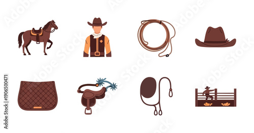 Collection of western cowboy and rodeo flat style vector icons featuring a horse, hat, lasso, saddle, and spurs for various themed projects and branding