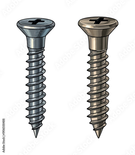 Two shiny metal screws, one silver and one bronze, ideal for showcasing hardware supplies, construction projects, or DIY repair needs in product catalogs and informational materials.