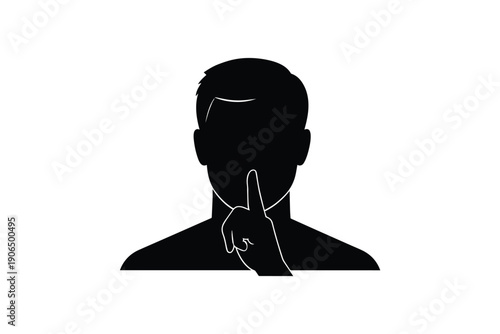 Silhouette of man finger on lips, shushing gesture, quiet sign, secrecy, silence and confidential information concept isolated on white