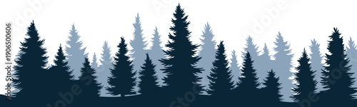 vector illustration: dark blue foggy winter fir tree landscape isolated on white or transparent png 