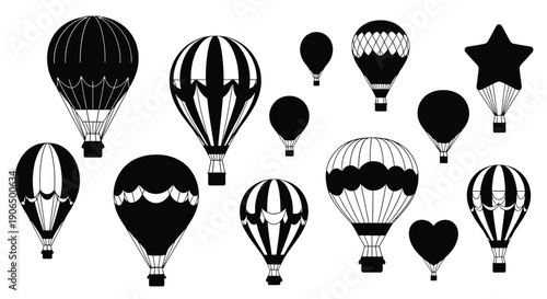 A collection of black and white hot air balloons and geometric shapes