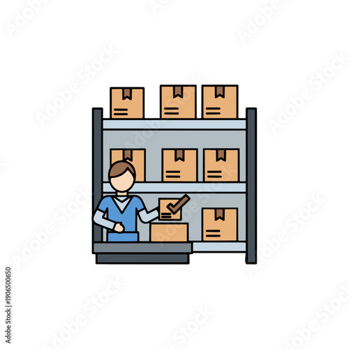 Warehouse worker packing boxes on shelves with a tablet, illustrating logistics and inventory management in a storage facility