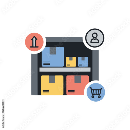 Vector graphic illustration of a storage cabinet with colorful boxes and icons for uploading, user profile, and shopping cart, viewed from the front.