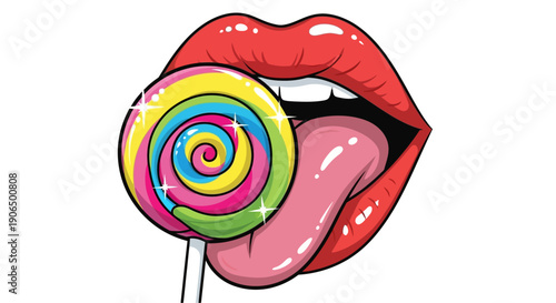 Vibrant cartoon illustration of red lips licking a sparkling rainbow swirl lollipop with a pink tongue.