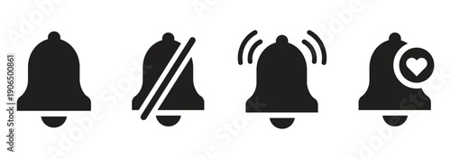 Notification Bell Icon Set with Modern UI Status Badges and Alerts. Minimalist App Notification Icons with System Alert and Mute Symbols. Bell Icon Variations of Minimalist Line Arts for Notifications
