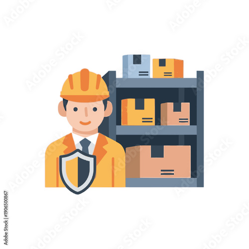 Warehouse worker in uniform standing in front of storage shelves with boxes and packages in a secure storage facility