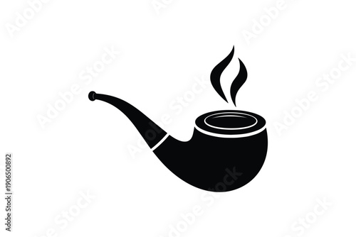 Smoking pipe silhouette with smoke, tobacco pipe, vintage gentleman accessory, relaxation, hobby, leisure, dark object on white background