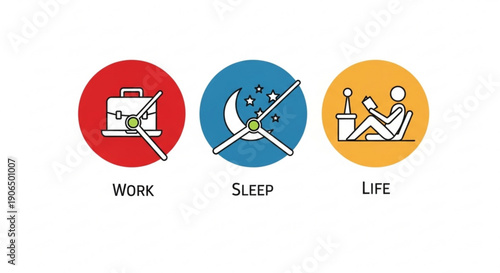 Work life balance icons with prohibited signs on red blue and yellow circles