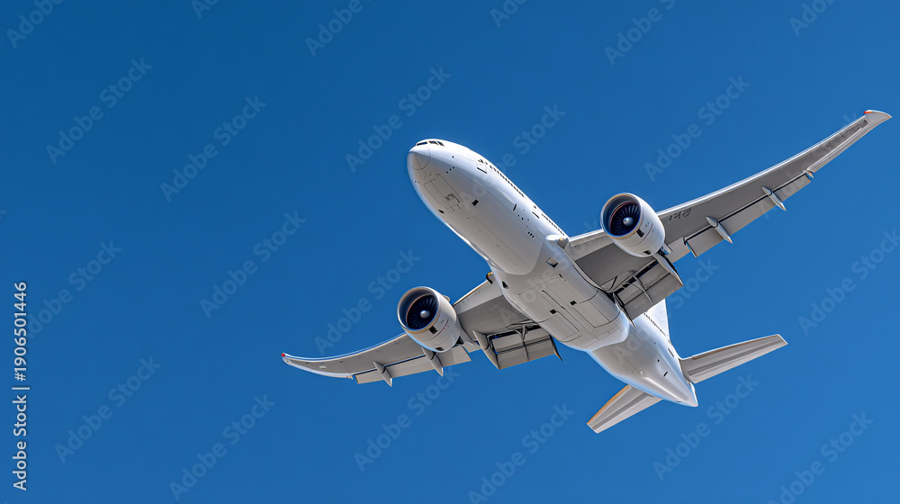 Obraz premium A white airplane soars through a clear blue sky with its wings outstretched