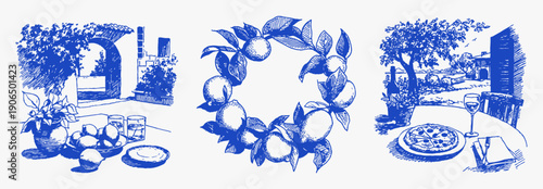 Mediterranean lemon wreath citrus branches vintage decor. Hand drawn fruit compositions and leaves in blue retro sketch style. Illustration for labels, cards or packaging.